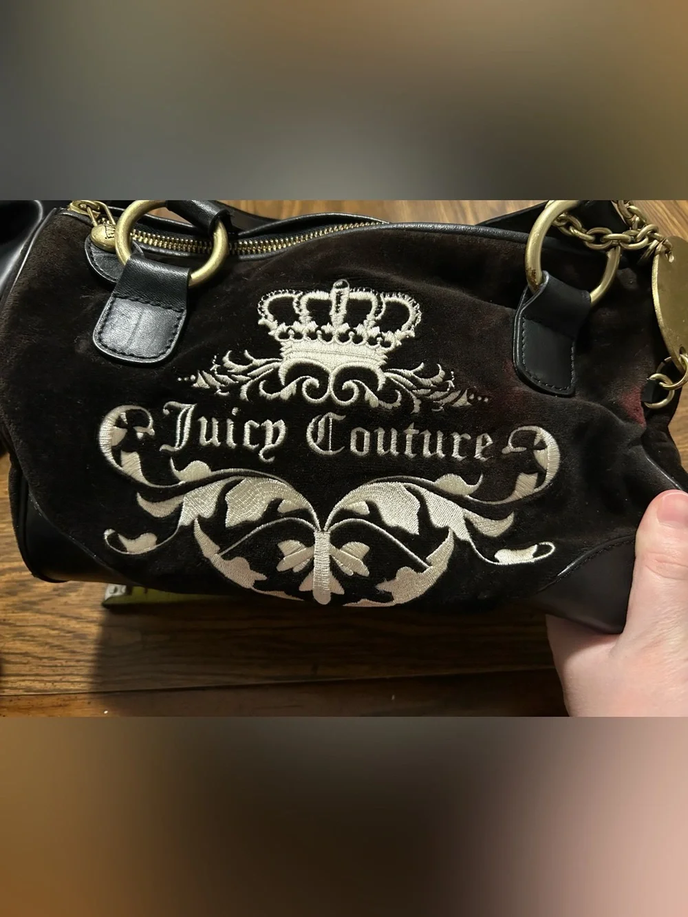 Juicy Couture Black Velvet Bag with Gold-tone Logo Charm